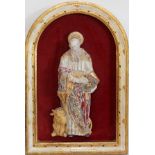 PROFESSOR PATTARINO, ITALIAN CERAMIC FIGURE, H 14", MOUNTED IN FLORENTINE FRAME, H 21"St Luke with