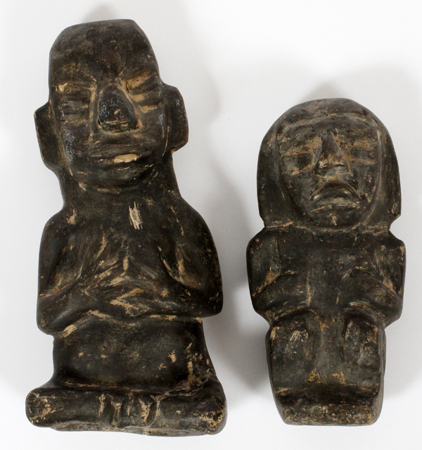 PRE-COLUMBIAN STYLE CARVED FIGURES, TWO, H 7" & 10"Repaired nose.- For High Resolution Photos