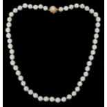 7MM PEARL NECKLACE, L 20"A 7mm pearl necklace, having a 14kt yellow gold clasp and individually
