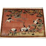 CHINESE HAND WOVEN SILK RUG, 3' 0" X 2' 0"Motif of cranes in landscape.Good condition jw- For High