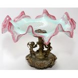 OPALESCENT GLASS AND BRASS FIGURAL COMPOTE, C.1900, H 6 1/2", DIA 9 1/2"An opalescent glass bowl