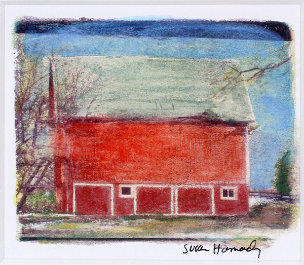 SUSAN HAMADY, COLORED LITHOGRAPH, H 3 1/2", W 4", THREE BARNSSigned lower right. Matted and framed - Image 2 of 2