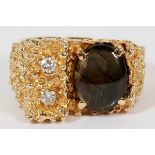 14KT YELLOW GOLD, BLACK SAPPHIRE, AND DIAMOND RING, SIZE 9.