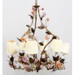 FRENCH SIX LIGHT BRASS AND PORCELAIN CHANDELIER, H 26", DIA 25"