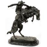 AFTER FREDERIC REMINGTON, SIGNED, BRONZE SCULPTURE, H 22", W 19", "BRONCO BUSTER"Depicts a cowboy