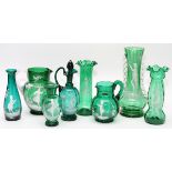 MARY GREGORY, ANTIQUE EMERALD GLASS PITCHERS, VASES, AND CRUET, 8 PIECES, H 6"-10"Including 2