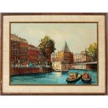 FRAMED PRINT, H 28", W 32" FRAME-SIZE, CONTEMPORARY CANAL SCENEFrame value.Fair condition.Njd.-