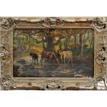 OIL ON CANVAS, LATER 19TH C., H 32", W 50', CATTLE WATERINGC. 18" x 24"; illegibly inscribed in