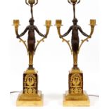 GILT BRONZE FRENCH EMPIRE FIGURAL CANDELABRA, 19TH CENTURY, PAIR, H 17" - 30"A pair converted to