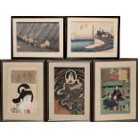 JAPANESE UKIYO-E COLOR WOODBLOCK PRINTS, 5, H 14" W 10"Includes Hokusai, Kuniyoshi, Yoshi-iKu and