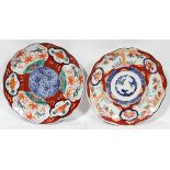 JAPANESE IMARI PORCELAIN BOWLS, ANTIQUE, TWO, DIA 8"Antique, colors of orange and blue. 19th.c.dia 8