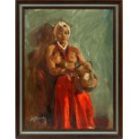 OIL ON ARTIST BOARD SEMI NUDE FEMALE H 24" W 18"Depicts a semi nude peasant woman leaning against