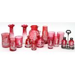 MARY GREGORY, ANTIQUE CRANBERRY GLASS PITCHER, VASES, TUMBLERS, AND SALT AND PEPPERS, C19TH C, 16