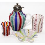 LATTICINO GLASS SYRUP JUG, AND TABLE ARTICLES, 4 PIECES, H 1 1/4"-6 1/2"Handblown glass grouping