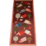 TURKISH KILIM WOOL RUG W 2'10'' L 6'.Having a maroon ground, one raspberry border. With trees, birds