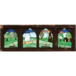 FOUR PANEL LEADED AND STAINED GLASS WINDOW LANDSCAPE, H 19.75", L 61.5"Four panel leaded and stain