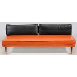 UPHOLSTERED VINYL SOFA, MID 20TH CENTURY, H 28", W 76", D 30"A two tone upholstered sofa, with