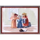 JEANNE DOWN, WATERCOLOR, H 28", W 33", "NEAT KIDS"Jeanne Down watercolor, depicting two children