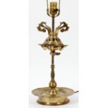 BRASS OIL LAMP CONVERTED TO ELECTRIC, H 18"With a round saucer-like base; electrified.Brass exhibits