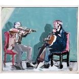 ROBERT QUALTERS (AMERICAN, B. 1934), ACRYLIC & OIL ON MASONITE, 1966, 14" X 13", "MUSICIANS"