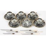 SPODE DEMITASSE CUPS AND SAUCERS, MOTHER OF PEARL KNIVES 17 PIECES, L 6 3/4"Includes 5 Spode for