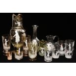 MARY GREGORY, ANTIQUE AMBER AND CLEAR GLASS PITCHERS, VASES, AND TUMBLERS, 14 PIECES, H 2"-12"