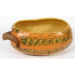 POTTERY OPEN SQUASH SHAPE, H 3 3/4", L 8 1/2"having an orange ground with green speckled design