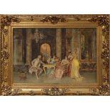 GILT FRAME WITH PRINT H 34" W 44"Venetian print parlor scene with chess players (23" x 35") in frame