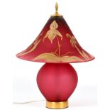 CONTEMPORARY, ART GLASS TABLE LAMP, H 18"Pink art glass lamp with gilt orchid motif on the shade and