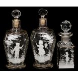 MARY GREGORY, ANTIQUE COLOGNE BOTTLES, 3 PIECES, H 5"-6 1/4"Including 2 faceted glass, one is