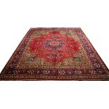 PERSIAN TABRIZ WOOL CARPET, SEMI-ANTIQUE, W 10 1", L 12' 2"Red ground with center floral