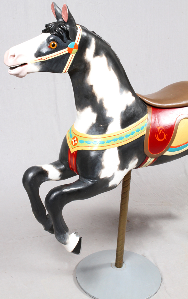 HAND PAINTED WOOD CAROUSEL HORSE, H 55", L 53"Black and white painted body. With saddle. Blanket, - Image 2 of 3