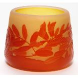 GALLE CAMEO GLASS VASE, H 2 3/4", DIA 3 1/2"Lemon yellow glass carved with a fern motif in orange.