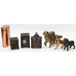 METAL ANIMAL AND OTHER STILL BANKS, 7 PIECES, H 3"-6"Includes 1 dog form with a package, 1 horse,