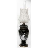 MARY GREGORY OIL LAMP, 19TH C., H 26'', L 7''Black with metal base and molded globe.- For High