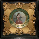 GERMAN PAINTED PORCELAIN CABINET PLATE, 19TH C., DIA 9", FRAMED IN A SHADOWBOX19th century porcelain