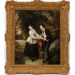 ENGLISH OIL ON CANVAS, 19TH C., H 24", W 20", COURTING COUPLEcarved gilt wood and gesso frame. No