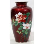 JAPANESE CLOISONNÉ RED ENAMEL VASE, H 7 1/2"Having a red ground with a rose motif.good condition