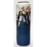 AUSTRIAN PORCELAIN VASE, ART DECO, SIGNED, H 10"Cylindrical porcelain vase, handpainted with birds