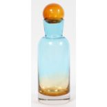 WATERFORD EVOLUTION AMBER AND BLUE ROUND DECANTER WITH BALL STOPPER, H 12"Signed on underside of