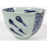 GLAZED POTTERY OPEN BOWL, H 5 3/4", DIA 8"having a quill design inside and out with puff cloud