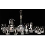 MARY GREGORY, ANTIQUE CLEAR GLASS DECANTER, PITCHERS, AND TUMBLERS, 11 PCS, H 3 1/2"-13"Including