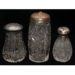 CUT GLASS SHAKERS, C.1900, 3 PIECES, H 3 3/4"-5 1/2"Including 1 Hawkes salt shaker and 2 sugar