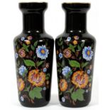 ARDULT ITALIAN COBALT BLUE GLASS AND ENAMEL VASES, PAIR, H 14"Raised enamel floral designs.- For