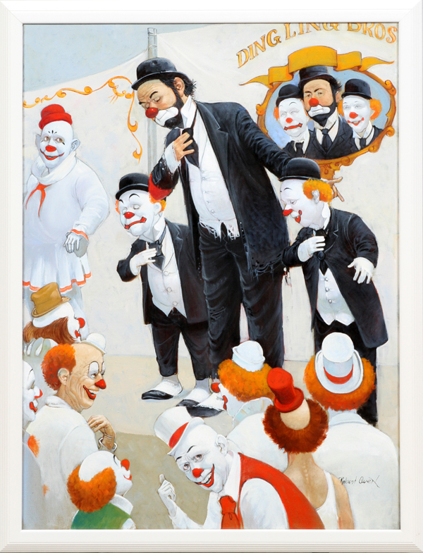 ROBERT OWEN, OIL ON CANVAS, H 39", W 30", "DING LING BROS."Depicts a clown giving a speech on a