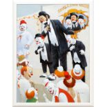 ROBERT OWEN, OIL ON CANVAS, H 39", W 30", "DING LING BROS."Depicts a clown giving a speech on a