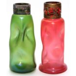 LOETZ STYLE IRIDESCENT GLASS VASES WITH METAL MOUNTS, C.1900, 2 PIECES, H 8"Cranberry and green