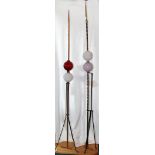 VINTAGE 19TH C COPPER AND GLASS LIGHTNING RODS, C1900, 2 PCS., H 68" & 70"one having lavender and