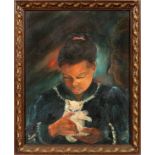 GENEVIEVE OLESON OIL ON ARTIST BOARD, 1972, H 20", L 16" GIRL WITH KITTENGenevieve Oleson [American,