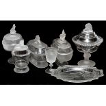 'WESTWARD HO' & 'LION' PATTERN GLASS TABLEWARE, 7 PIECES, H 6 1/4"-12 1/2"Including five covered